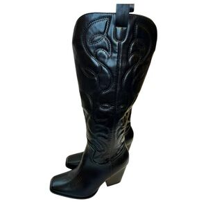 Black Vegan Leather Squared Toe Cowboy Boots – Size 7 – New Without Box
